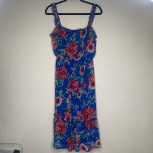 Floral Blue Sleeveless Midi Sundress Dress Ruffle Boho Resort Cruise Party